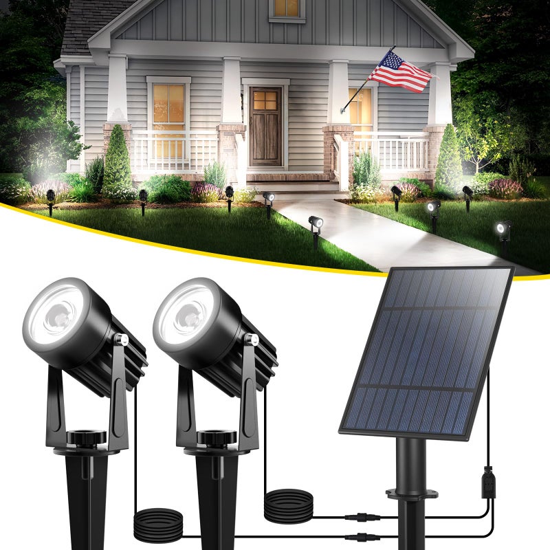 T-SUN 2W Solar Spotlights, LED Solar Powered Landscape Lights Outdoor Waterproof Solar Security Wall Lights Auto ON/Off Dual Head Light for Garden Yard Patio(Cold White) - Image 1